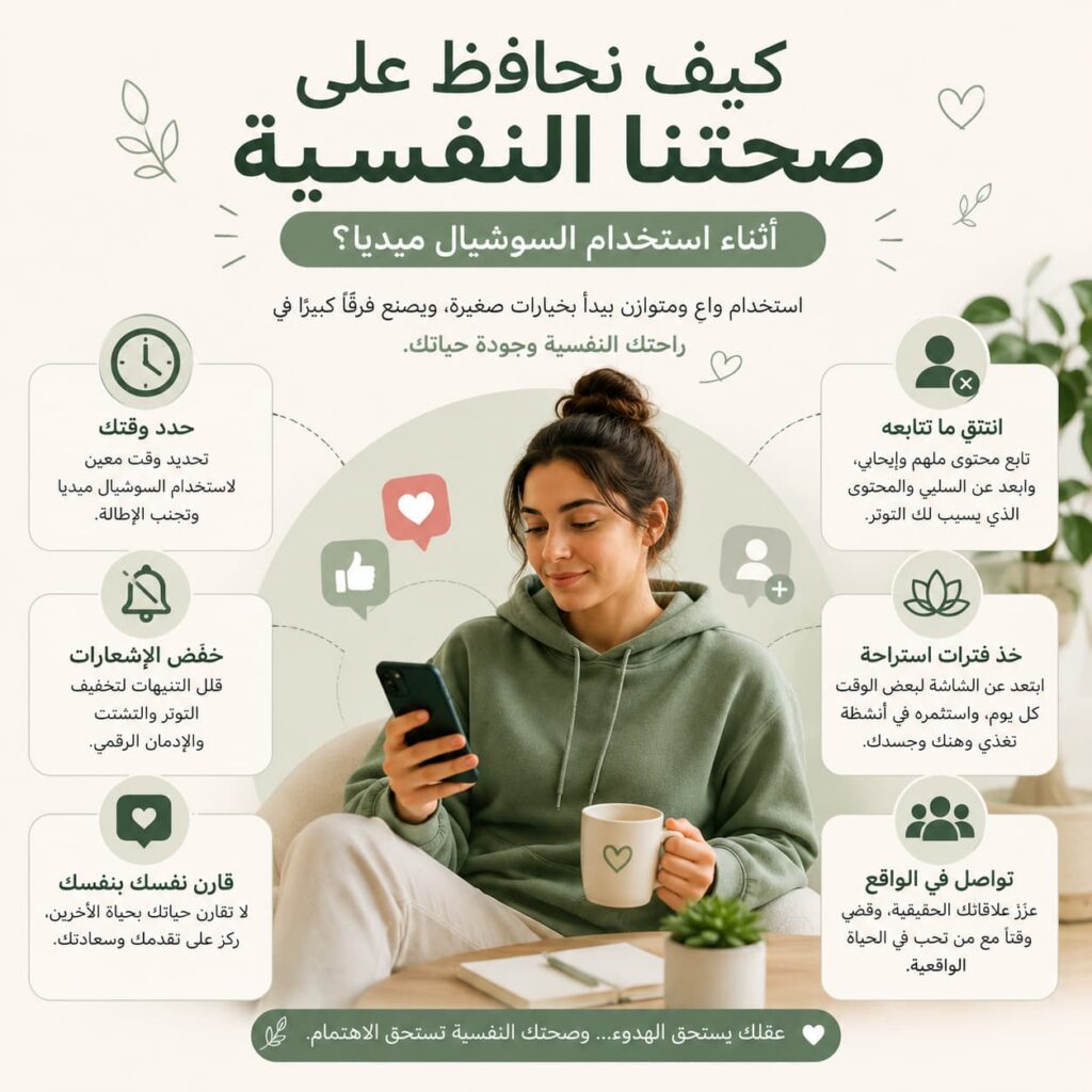 تصميم توعوي يوضح طرق الحفاظ على الصحة النفسية أثناء استخدام وسائل التواصل الاجتماعي، مع نصائح مثل تقليل وقت الشاشة وأخذ فترات راحة وتعزيز التوازن الرقمي.