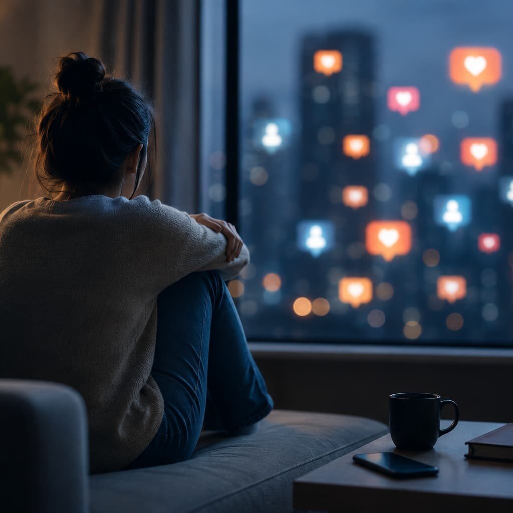 لماذا نشعر بالوحدة رغم أننا أكثر اتصالًا من أي وقت مضى؟ 1 شخص يجلس بمفرده أمام نافذة بينما تظهر إشعارات التواصل الاجتماعي في الخلفية تعبيرًا عن العزلة العاطفية في العصر الرقمي